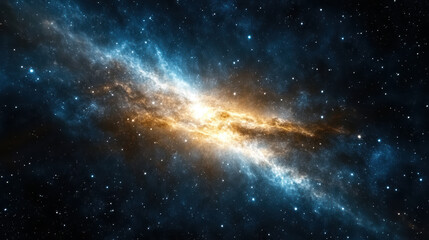 Naklejka premium Glowing galaxy in deep space with vibrant blue and orange hues, showcasing cosmic beauty