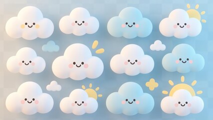 Fototapeta premium Collection of Cute Smiling Clouds and Sun Icons