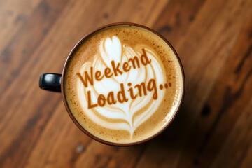Happy Friday cappuccino with weekend loading latte art and heart design