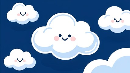Vector illustration of cute happy clouds with smiley faces on a dark blue background