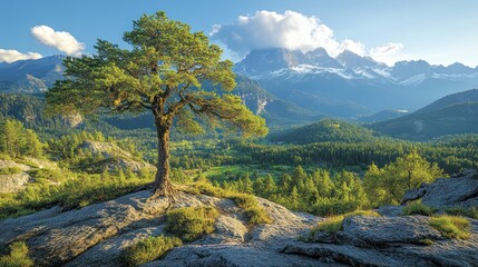 Breathtaking Osttirol mountain vista with a solitary tree on a rocky outcrop and lush valley.