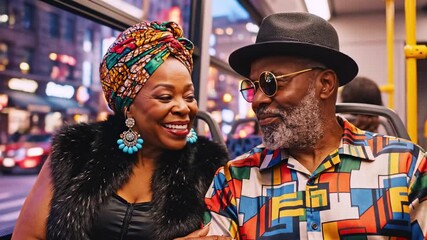 Smiling couple on a bus ride, woman with headwrap, fur; man with sunglasses, bright shirt - Powered by Adobe