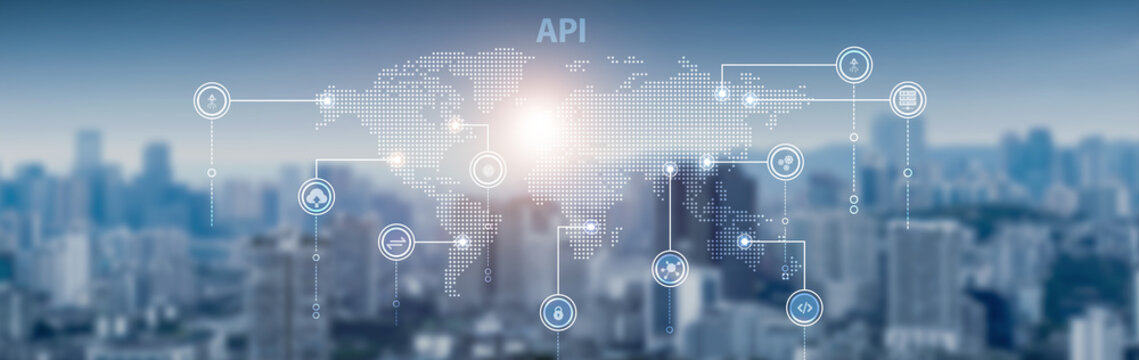 API integration and global network connection, software communication, data exchange, cloud applications, system development, and digital services. - Powered by Adobe