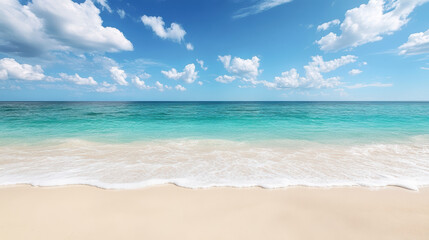 Fototapeta premium Serene turquoise shoreline meets soft pastel clouds under bright blue sky