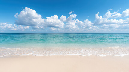 Fototapeta premium Serene turquoise shoreline meets soft pastel clouds under clear blue sky
