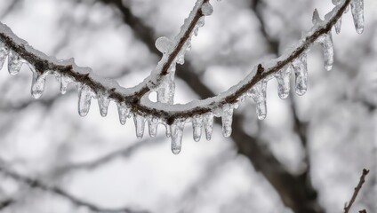 Close-up of tree branches encased in clear ice, suspended against a blurred winter backdrop