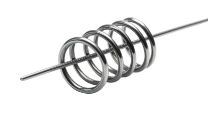 Shiny metal coil, wound around a grooved rod, set against a solid black backdrop in a clean, minimalist composition