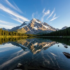 Snowy Mountain Peak Reflected in Calm Lake with Blue Sky
