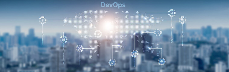 DevOps process and global network connection, software automation, continuous integration, cloud deployment, agile development, and system optimization.