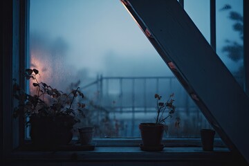 Misty window view at twilight