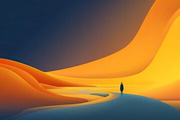 Abstract desert scene at night.  Silhouette figure