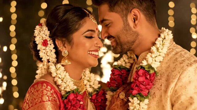 indian bride and groom smiling joyfully wedding ceremony