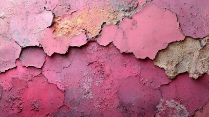 Close-up of cracked, peeling pink and beige paint on a wall.
