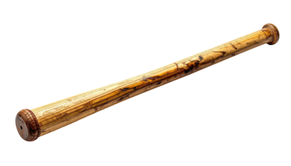 Cylindrical instrument of light wood with dark striations and capped ends, lying on black
