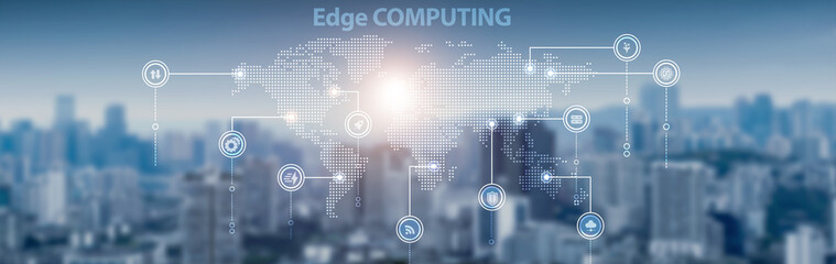 Edge computing and global network connection, data processing, IoT devices, low-latency systems, AI analytics, and network optimization.