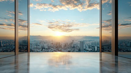 Sunset view from modern building overlooking city skyline with clouds and mountains