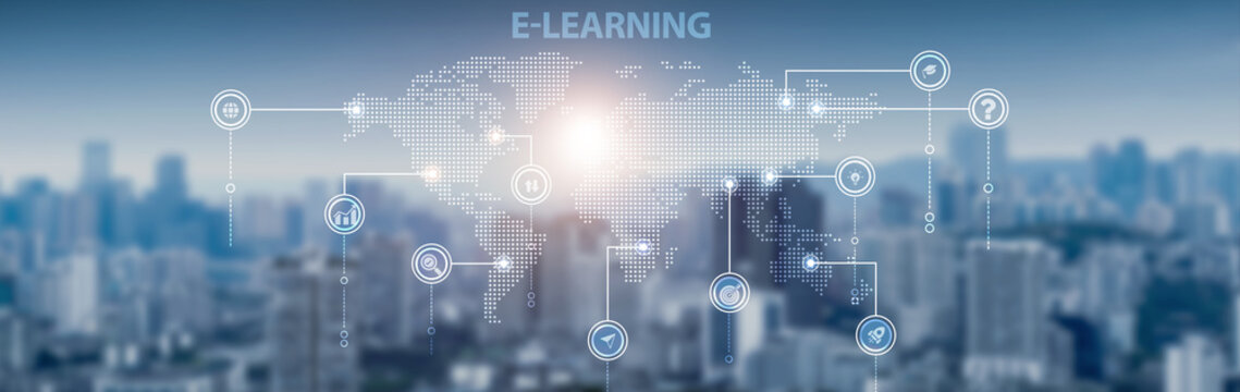 E-learning platform and global network connection, online education, digital classrooms, video training, knowledge sharing, and interactive technology.