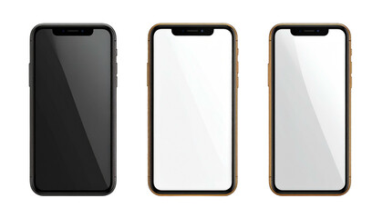 Three sleek phones, varying colors, isolated on black, featuring blank screens for text insertion and mockup placement