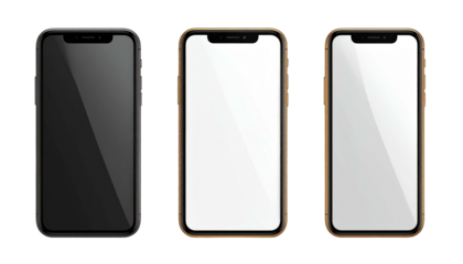 Three sleek phones, varying colors, isolated on black, featuring blank screens for text insertion and mockup placement
