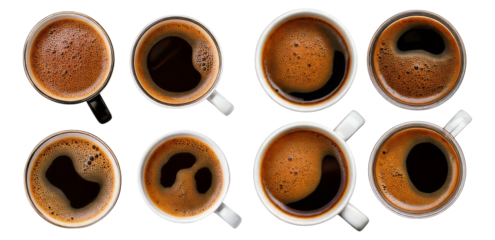 Variety of Coffee Mug Shapes and Styles with Dark Brewed Coffee, Isolated on Transparent, white background
