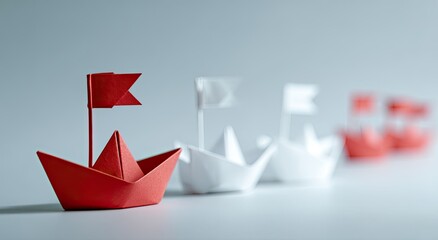 Red origami boat leading a line of white boats (5)