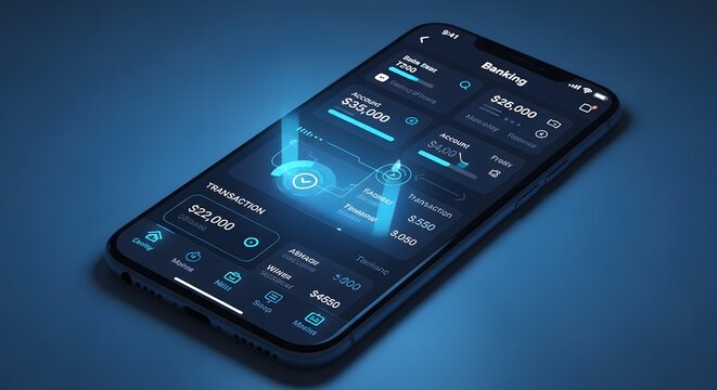 Futuristic digital banking interface glowing on smartphone