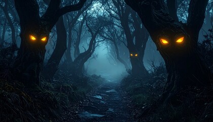 Spooky Foggy Forest with Glowing Eyes Hidden Among Dark Trees
A surreal and cinematic night forest filled with mist and glowing eyes, representing suspense, mystery, and imagination.