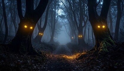 Eerie Dark Woods at Night with Glowing Eyes and Thick Fog
Atmospheric mysterious forest scene symbolizing fear, darkness, and the unknown, great for fantasy or horror backgrounds.