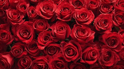 Top view of natural fresh red roses arranged in a romantic pattern creating a vibrant valentine’s day floral background and festive love-themed decoration