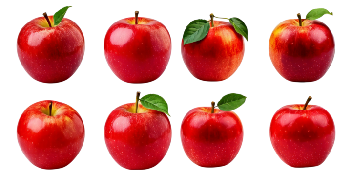 Fresh Red Apples with Green Leaves on White Background Display, Isolated on Transparent, white background