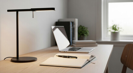 Close-up of a modern desk lamp and notebook, tidy writing space with laptop in the background