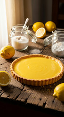 A classic lemon tart just out of the oven, glossy custard and golden crust, placed on an antique wooden counter