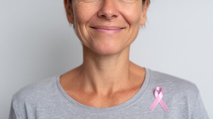 Hopeful Resilience: A woman wearing a pink ribbon, embodying the spirit of solidarity and awareness for breast cancer, looks at the camera with determination and serenity.