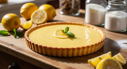 A classic lemon tart just out of the oven, glossy custard and golden crust, placed on an antique wooden counter