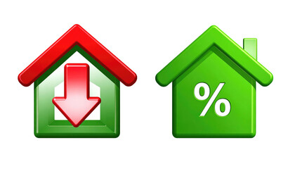 Obraz premium Shiny house icons, one with a downward arrow (red), the other with a percentage sign (green). On a black backdrop