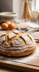 A freshly baked sourdough loaf with a crispy golden crust, resting on a wooden cutting board in a bright cozy kitchen