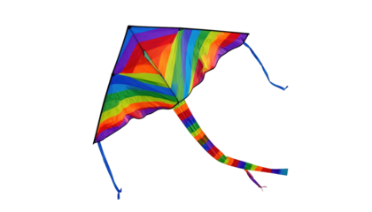 Colorful, striped kite, a bright, geometric triangle with vibrant, rainbow hues, isolated against a black background