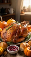 A Thanksgiving turkey just out of the oven, crispy skin and aromatic herbs, placed on a rustic table