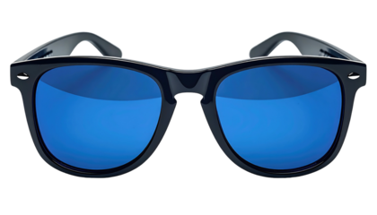 Front view of dark sunglasses reflecting blue, isolated on black. Sleek frames, bright lenses, casual style
