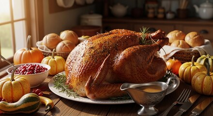 A Thanksgiving turkey just out of the oven, crispy skin and aromatic herbs, placed on a rustic table