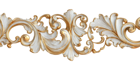 Ornamental Border with Swirling White and Golden Floral Details on Transparent Background, PNG