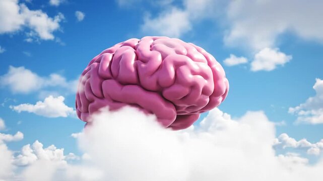 A large pink human brain floats serenely on a fluffy white cloud in a bright blue sky.