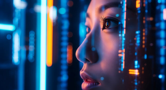 Asian Woman Gazing at Futuristic Digital Interface with Glowing Lines