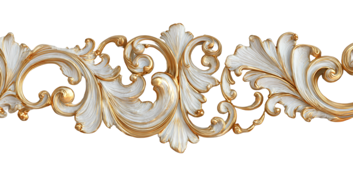 Ornamental Border with Swirling White and Golden Floral Details on Transparent Background, PNG