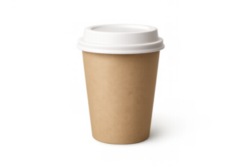Kraft paper coffee cup showing a white lid, ready for branding or custom design, isolated on a transparent background