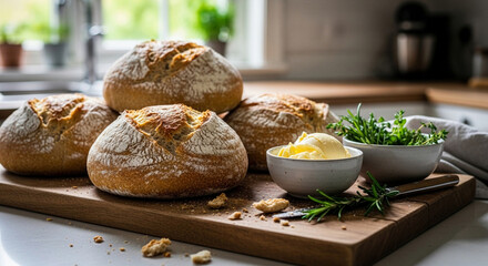 Freshly baked sourdough loaves cooling on a rustic board, nearby bowls with butter and herbs, a bright cozy kitchen
