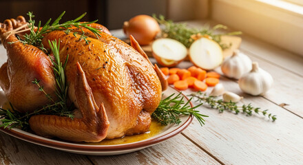 Freshly roasted turkey with golden brown skin, garnished with rosemary and thyme, set on a ceramic platter on a bright kitchen counter