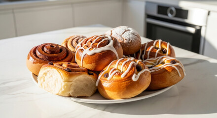 Assorted sweet buns just out of the oven, soft texture and glossy tops, bright white modern kitchen setting
