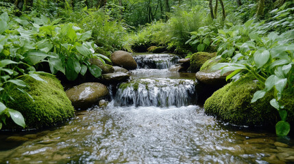 Serene soft waterfall flowing over mossy rocks surrounded by lush greenery