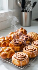 Freshly baked sweet breads arranged on a cooling rack, golden crusts glistening under soft daylight, steam gently rising
